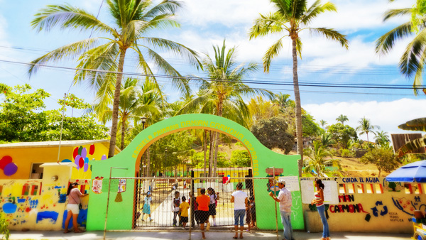 The colorfully-painted entrance to the primary school